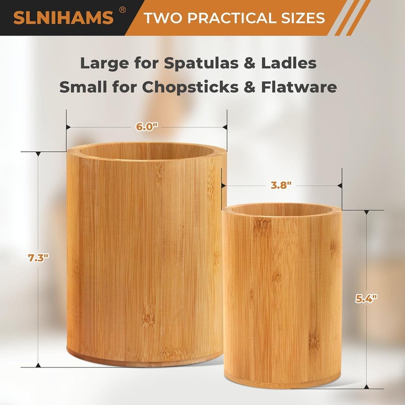 SLNIHAMS Bamboo Utensil Holder, 7.3"+5.4" Set of 2 Utensil Holders for Kitchen Counter, Bamboo Spoon and Chopstick Organizer, Flatware, Spatula & Silverware Storage Containers, for Countertop & Pantry - Image 2